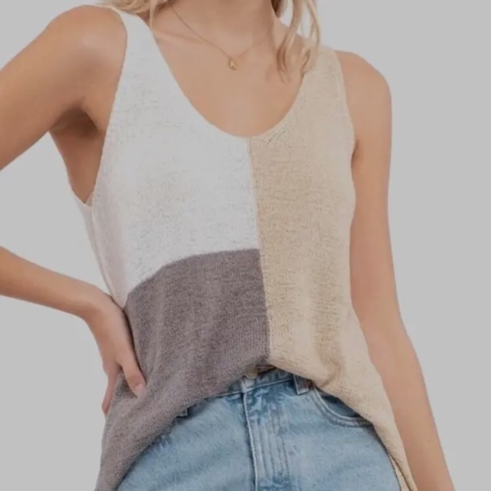 Medium Blue Pepper Summer sweater soft v neck light weight color block neutral